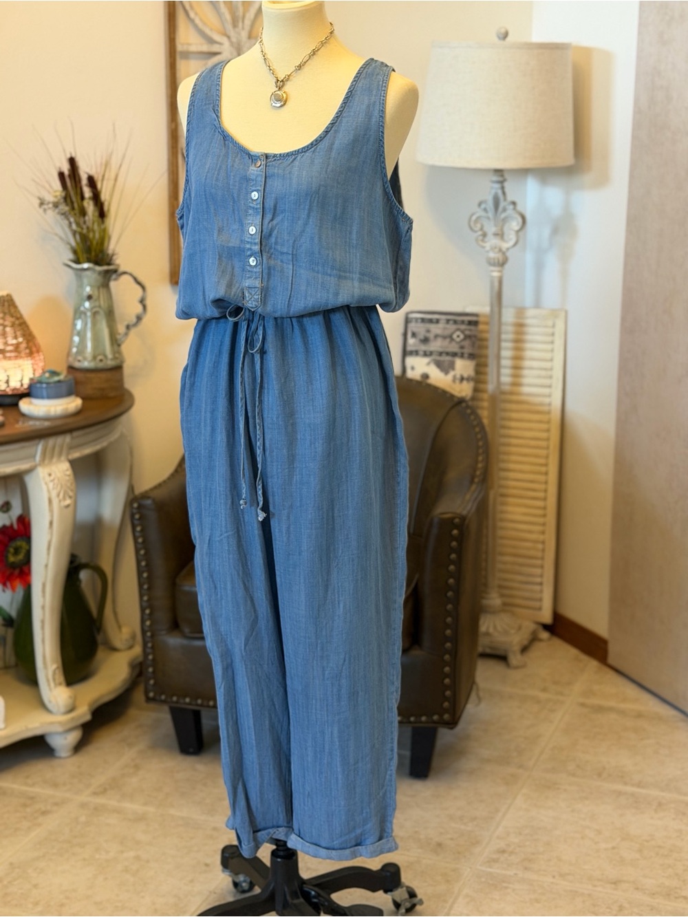 Knox Rose Sleeveless Chambray Blue Jumpsuit with Drawstring